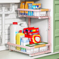 Kitstorack Under Sink Organizer, 2 Tier Under the Sink Storage, Slide out Pull out Cabinet Organizer Shelf, Metal Sliding Drawer for Kitchen Bathroom Pantry Closet Organization Rack, Pink, 1 Pack