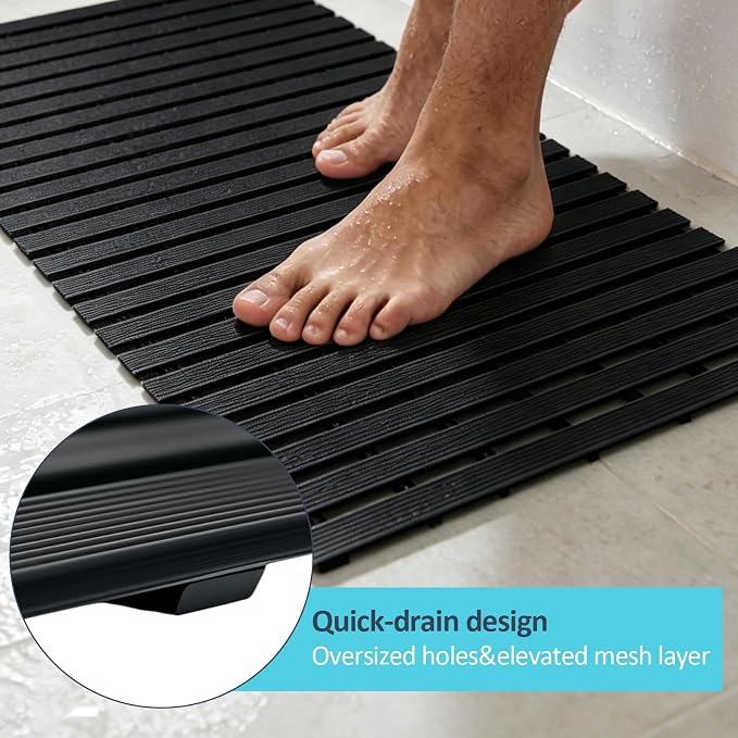 Black Weighted Non Slip Bathtub Mat Without Suction Cups,Textured TPE Bath Mat for Textured Tub & Shower Surfaces,Doesn't Float, Works on Tile and Stone(33.8”x 17”)