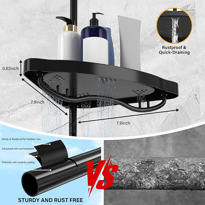 Black Corner Shower Caddy Tension Pole - Heavy Duty Rustproof Stainless Steel Shower Organizer with 4 Adjustable Shelves, No-Drill Free Standing for Bathroom, Bathtub, RV,54" to 114" Tall