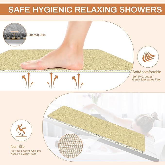 Non Slip Loofah Shower Mat 32"x16", Quick Drying Mats with Drain Hole, Soft Trimmable PVC Loofah Massage Bathmat for Shower, Kitchen, Hotel, Tub, Floor, Home, Beige