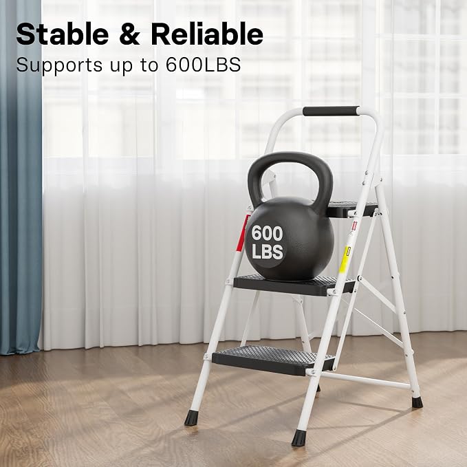 BONTEC 3-Step Ladder, Folding Step Stool, 600lbs Max Load Capacity, Sturdy Steel, Non-Slip Pedals, Lightweight, Portable Steel Ladder with Convenient Handrail, Safety Design for Home & Work, White