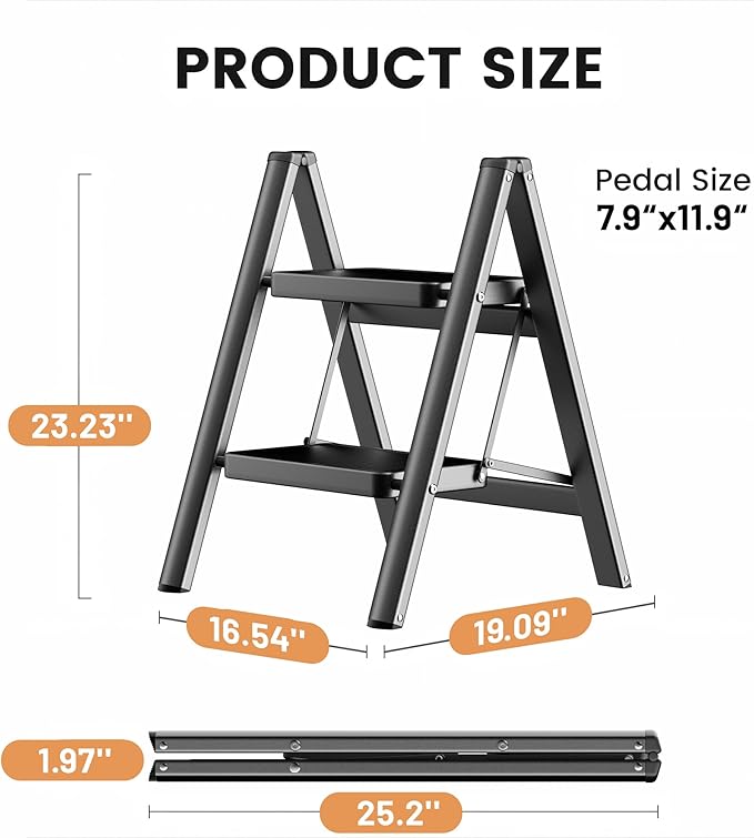 SOLADDER Step Stool, 2 Step Ladder with Anti-Slip and Wide Pedal, Folding Portable Iron Stepladder for Home and Kitchen, 300lbs - Black