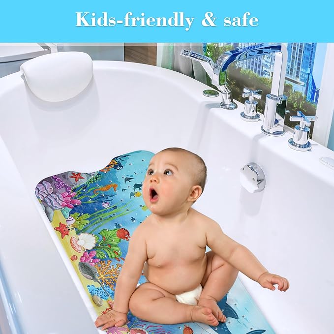 Secopad Bath Mat for Tub Non Slip, Machine Washable Anti-Slip Cartoon Baby Bathtub Shower Mat with Drain Holes and Suction Cups for Toddler & Kids, 40in x 16in, Sharks