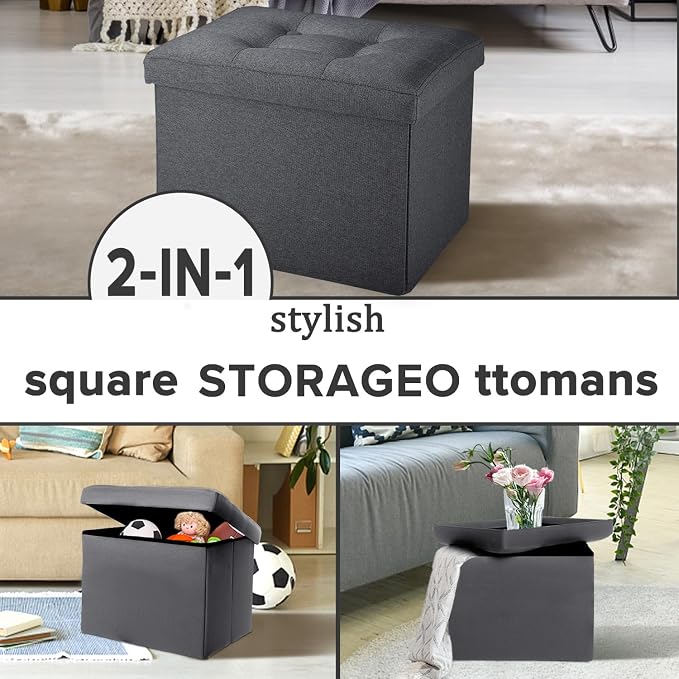 LINMAGCO Small Storage Ottoman Stool Foot Rest Stool Under Desk Stool Short Folding Ottoman Linen Cloth Dark Gray 17X13X13IN