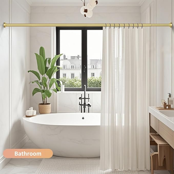 Gold Shower Curtain Rod 34-96 Inches(2.8-8ft) Never Rust Adjustable Shower Rod Spring Tension Non Slip No Drilling Shower Rods for Bathroom Garland Window