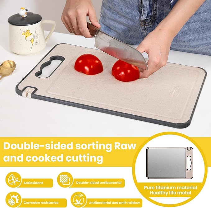 2-IN-1 Titanium Cutting Board for Kitchen Pure Titanium and Wheat Straw PP，Odor Resistant & Easy to Clean15.8x10.6 Inch, (Beige Titanium)