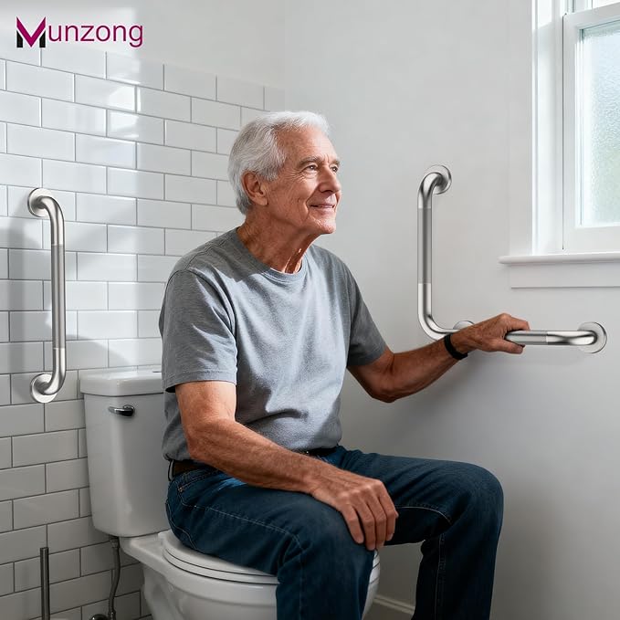 16 Inch Anti Slip Angled Shower Grab Bars with Munzong 20 Inch Stainless Steel Bathroom Grab Bar Brushed Nickel Toilet Handicap Grab Rail Knurled Safety Handle Support Elderly Injury Senior Bath