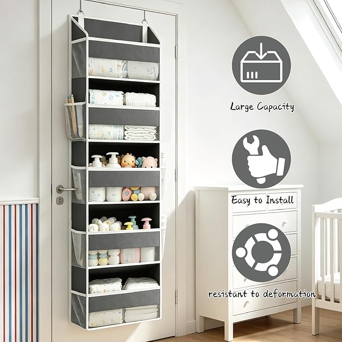 Over The Door Storage Organizer – 15 Pockets (5 Large + 10 Mesh Side Pockets), Heavy Duty 44lbs Capacity Closet Storage for Bedroom & Dorm, Behind The Door Hanging Rack for Shoes, Toys.