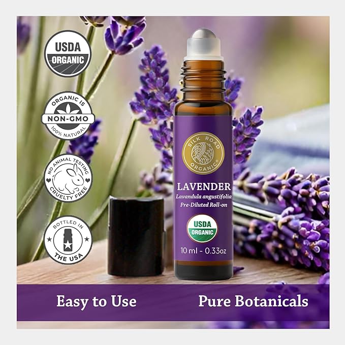 Silk Road Organic Lavender Essential Oil Roll On for Stress Relief, Sleep, Calm & Relaxation | USDA Certified Aromatherapy Roller (10 ml)