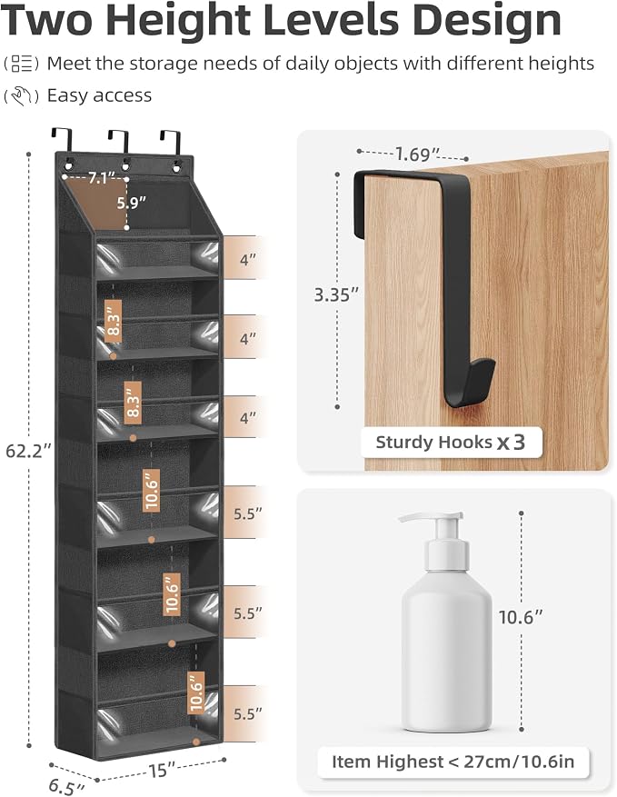 STORAGE MANIAC Over the Door Organizer 6-Shelf Closet Hanging Storage with 14 Mesh Pockets, 66lbs Capacity Clear Deep Pockets Behind Door Storage for Nursery, Bathroom, Bedroom, 1 Pack Black