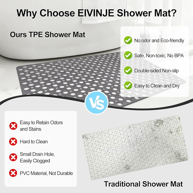 Anti Slip Shower Mat with Suction Cups,23.6x35.4 Inch Quick Drain TPE Non Slip Shower Mats for Inside Shower,Large Bath Mat for Shower Soft on Feet, Easy to Dry&Cut Machine Washable
