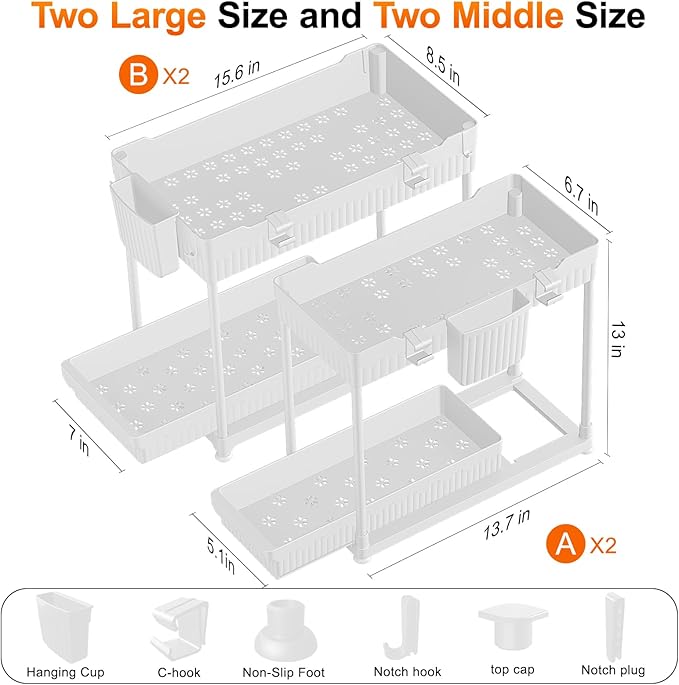 Sevenblue Under Sink Organizer, Bathroom Organizers and Storage, 2 Tier Multi-Use Pull Out Cabinet Organizer with Hang Hooks and Cups (White, 4 Pack)
