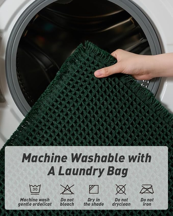 Upgraded Waffle Runner Rug, Super Absorbent Non Slip Bath Mats for Bathroom Floor Machine Washable Bathroom Runner Rug with Tassels Ideal for Hallway Bedroom Laundry Room, Dark Green, 2'x6'(24" x 72")