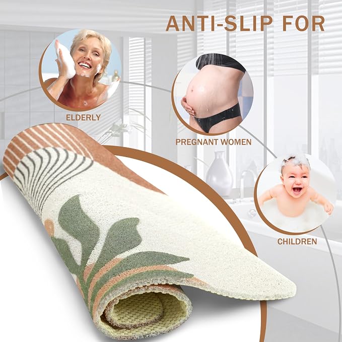 Square Shower Mat Non Slip, Boho Bathmat Quick Drying Easy Cleaning Shower Matt, Tropical Leaves Bath Mats for Bathroom Decor Textured Surface Loofah Shower Foot Scrubber Mat, 24″X24″