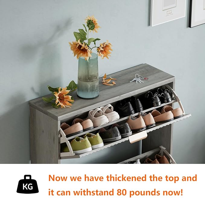 Shoe Cabinet Storage,Modern Freestanding Organizer with 2 Flip Drawers,Narrow Shoe Rack Cabinet for Entryway,Grey