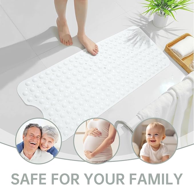 Wirhao Bathtub Mat Non Slip Shower Mat 39×16 Inches Bath Mat for Tub Machine Washable Tub Mat Large for Bathroom with Suction Cups and Drain Holes White