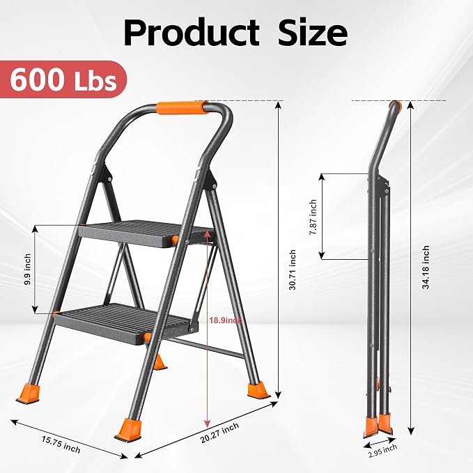 Step Ladder Foldable Folding Stool - for Home Adults Kitchen 2 Stepping Extension Tall Heavy Duty with Handrails - Closet Stepstool Stair Ladders Extendable Stepladder for Indoor House 600Lbs