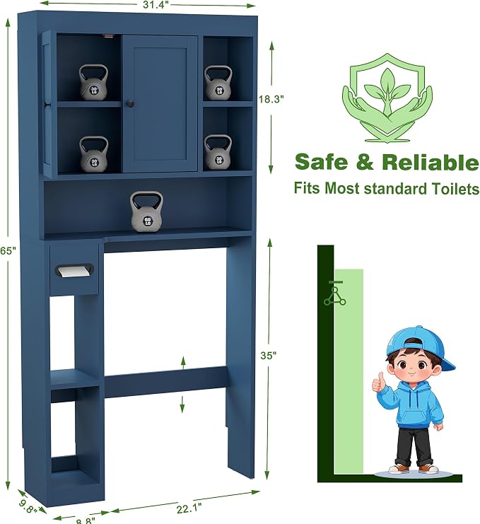 Over The Toilet Storage Cabinet with 7 Shelves, Imitation Walnut Grain Above Toilet Bathroom Organizer with Toilet Paper Holder Stand, Space Saver for Restroom, Laundry, Bathroom (Navy Blue)