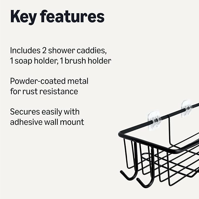 Amazon Basics Shower Shelves Organizer，5-Piece Stainless Steel Caddy Set with Soap Holder and Brush Holder, Adhesive Mount, Black | Pack of 5 Adhesive