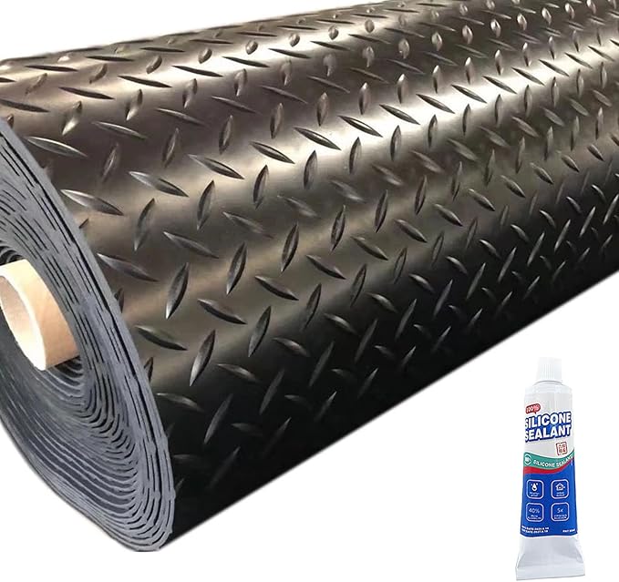 Heavy Duty Diamond-Plate Rubber Flooring Roll 4x8 FT, Multi-Purpose Waterproof Anti-Slip Floor Mat, Easy to Clean Under Equipment, Mats for Garage, Gym, Stable, Basement, Kennel