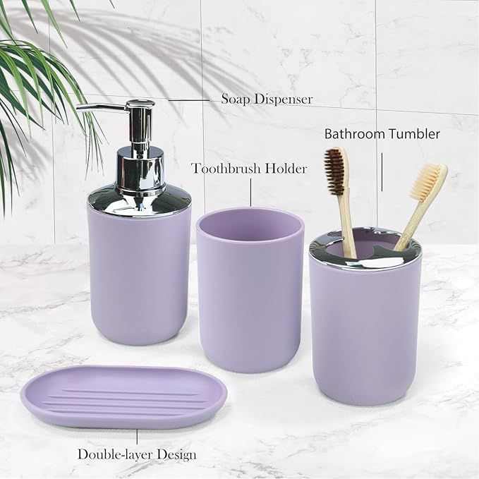 CERBIOR Bathroom Accessories Set 6 Piece Bath Ensemble Includes Soap Dispenser, Toothbrush Holder, Toothbrush Cup, Soap Dish for Decorative Countertop and Housewarming Gift (Purple)