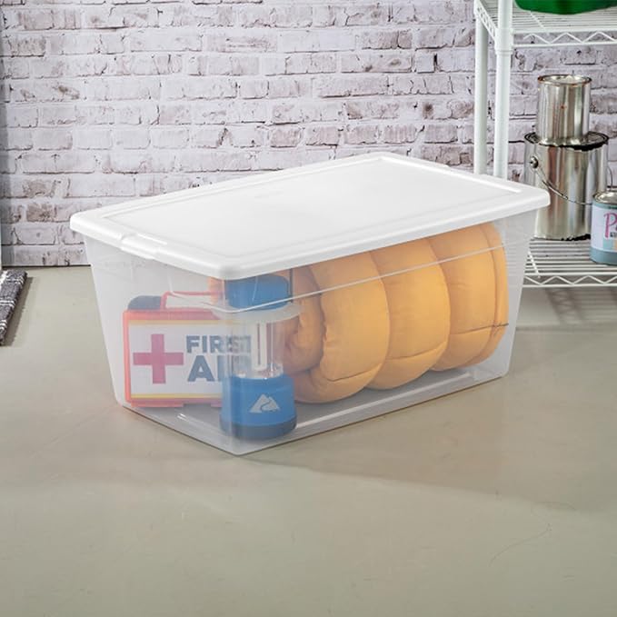 Sterilite 8-Pack 90 Quart Storage Box, Stackable Clear Plastic Bins with Snap-On Lids - Heavy-Duty Organizing Containers for Closet, Bathroom, and Office