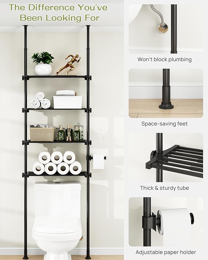 ALLZONE Adjustable Over The Toilet Storage Shelf, 4-Tier Ample Bathroom Organizer and Storage, Tension Mounted Above Toilet Storages Cabinet for Versatility, Fits 66-113 Inch Heights, Black