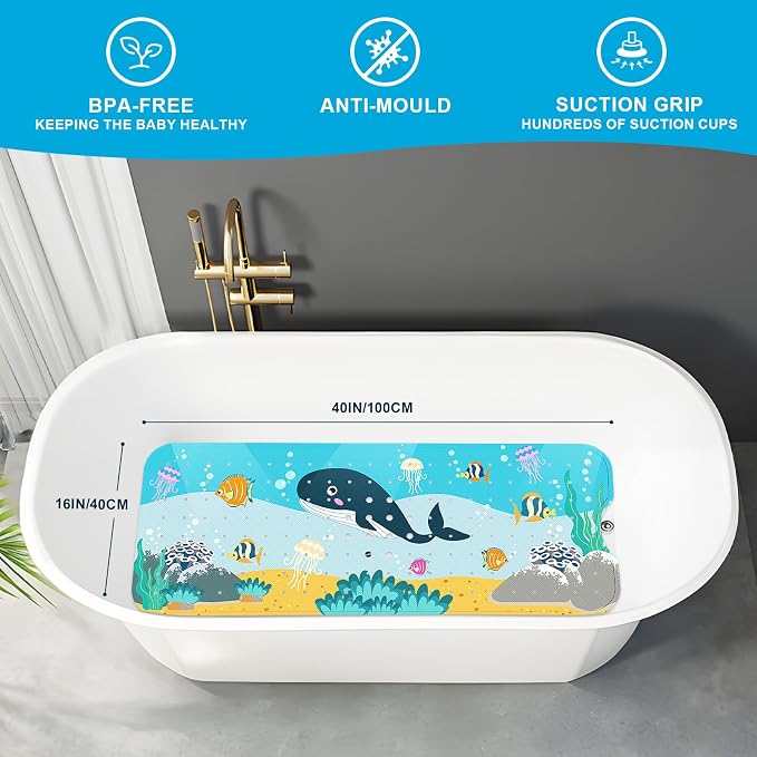 XIYUNTE Baby Bath Mat for Tub Non Slip Kids Bath Mat - 40''x16'' Extra Long Cartoon Bathtub Mat Non Slip Kids Shower Mat Eco-Friendly Toddler Bath Mats with Suction Cups, Machine Washable