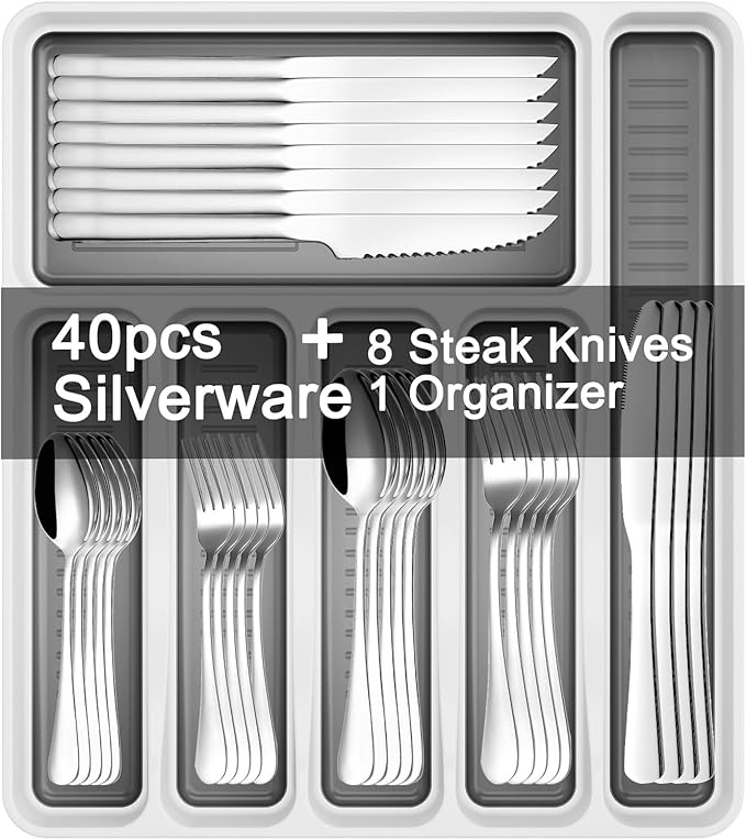 49-Piece Stainless Steel Silverware Set with Cutlery Organizer, Service for 8 with Steak Knives and Kitchen Utensils