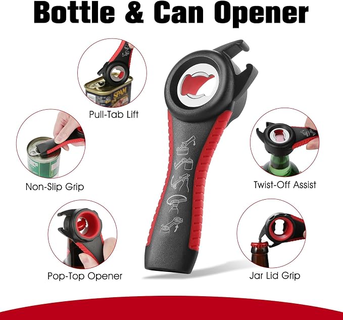 Jar Opener Bottle Opener, 5-in-1 Multi-Function Can Opener with Ergonomic Non-Slip Handle, Kitchen Tool Set for Weak Hands, Seniors with Arthritis, Red