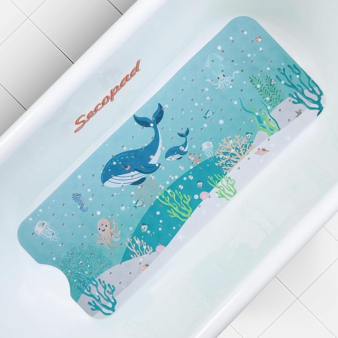 Secopad Bath Mat for Tub Non Slip, Machine Washable Anti-Slip Cartoon Baby Bathtub Shower Mat with Drain Holes and Suction Cups for Toddler & Kids (40 Inch x 16 Inch-Rectangular, 2-Whales)