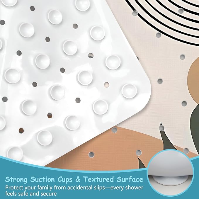 Leaves Square Anti Slip Shower Mats for Inside Shower Accessories, Boho Bath Mats for Bathroom Non Slip Shower Floor Mat Decor Rubber Bathmat with Suction and Drain Holes Machine Washable, 21″X21″