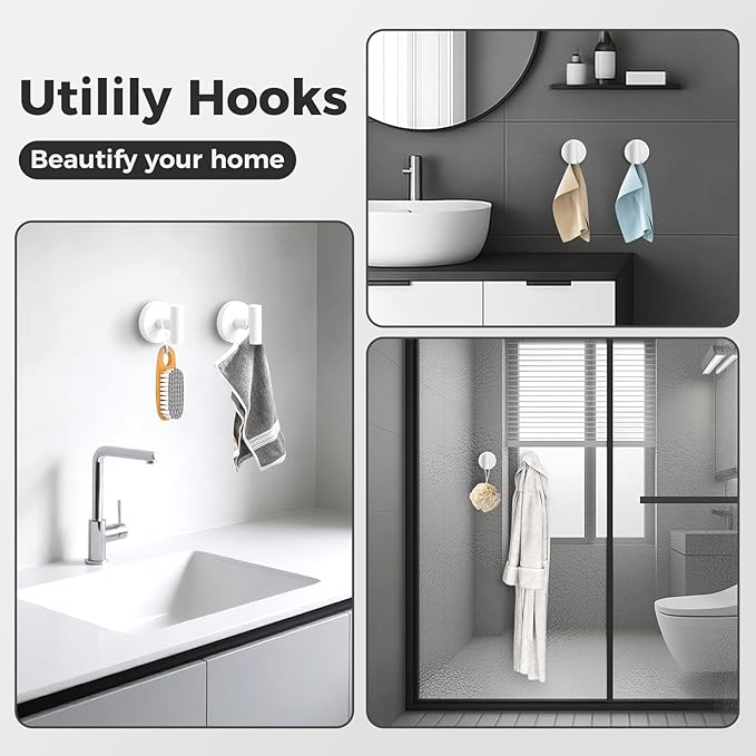 Shower Hooks for Inside Shower,No-Drill Removable&Reusable Towel Hooks for Bathroom,Heavy Duty Suction Cup Hooks for Glass Window,4 Packs(White)