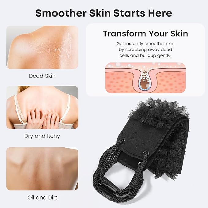 eaxun Back Scrubber with Handles for Shower, Wider 40 Inches Dual-Sided Back Washer with Exfoliating Texture and Loofah for Men, Women and Elderly, Bath Back Exfoliator Body Cleaner for Deep Cleansing