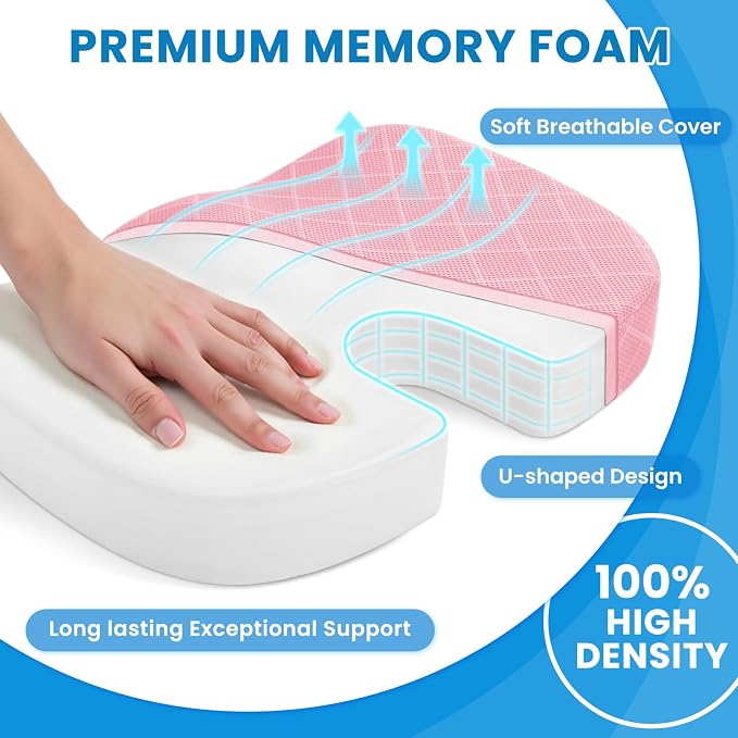 TushGuard Office/Car Seat Cushion, Non-Slip Sciatica & Back Coccyx Tailbone Pain Relief Chair Pad, Memory Foam Butt Pillow for Computer Desk, Wheelchair, Driving (Pink, X-Large)
