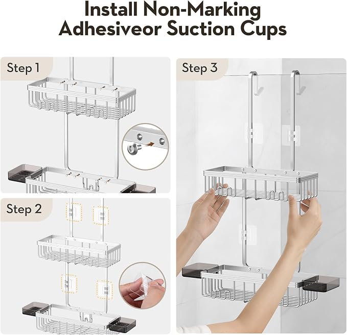 Over the Door Shower Caddy Hanging With Double Soap Holder Never Rust Aluminum Shower Shelf With 4 Hooks Hanging Bathroom Organizer No Drilling Shelves for Bathroom Storage Silver