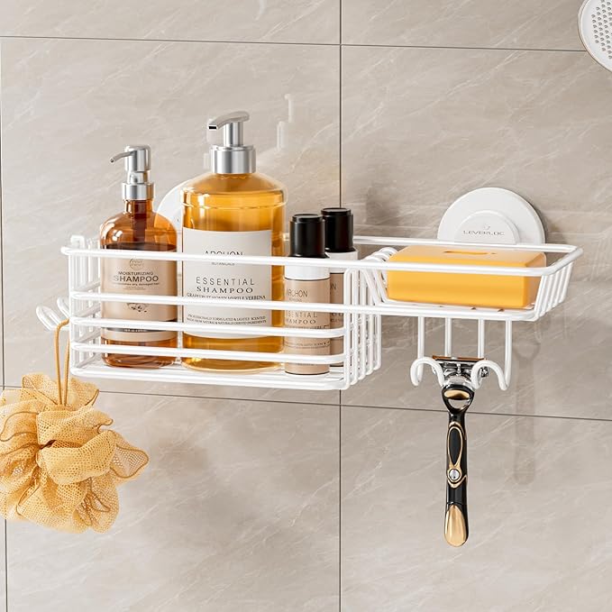 LEVERLOC Shower Caddy Suction Cup, Heavy Duty Bathroom Organizer for Inside Shower with Hooks & Soap Holder, NO-Drilling Bathroom Shelves-White