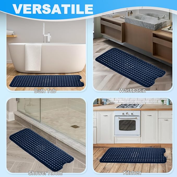 Bathtub and Shower Mats, 40x16 Inch Extra Large Non Slip Soft Bath Tub Mat with Suction Cups and Drain Holes for Bathroom Floor and Keep Tubs Clean, Machine Washable, Navy Blue