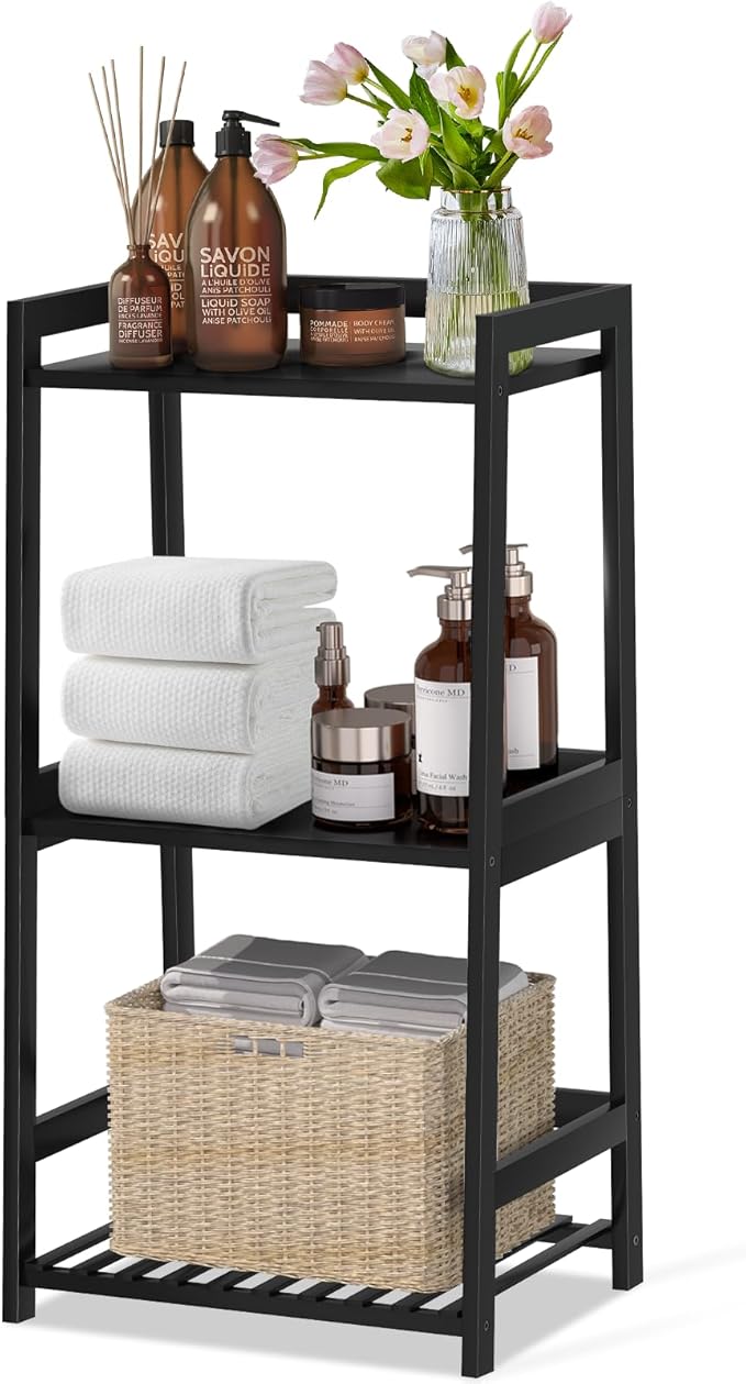 POXAKA 3 Tier Bamboo Bathroom Shelves, Ladder Shelf for Storage, Rustic Home Organizer, Space-Saving Design, Stylish Display Nightstand, Stylish Storage Solution for Home, Living Room, Kitchen