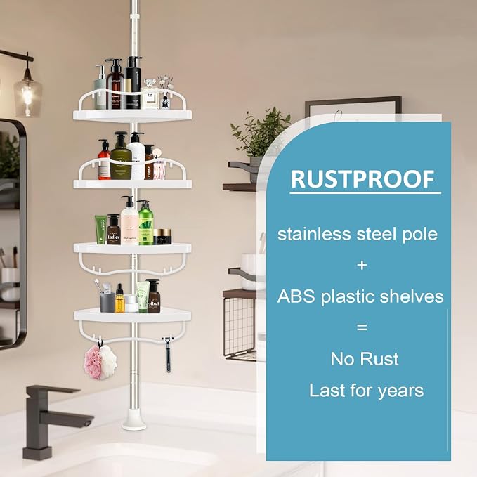 Corner Shower Caddy Tension Pole, Rustproof Bathtub Storage Organizer with 4 Adjustable Shelves, Bathroom Shower Rack Shampoo Holders for Inside Shower, 40"-120" Floor to Ceiling Shower Caddy Silver