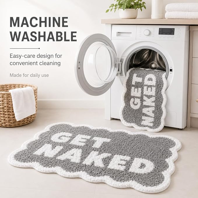 Scalloped Grey Bath Rug, Get Naked Cute Bathroom Rug, Soft Absorbent Quick Dry Bath Mat, TPR Non Slip Backing, Microfiber Mat for Shower Tub Sink Vanity 20" x 31.5"