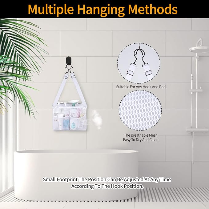 4 Storage Pockets Adjustable Hanging Mesh Bathroom Bag, Shower Caddy College with Hooks, Applied to College Dorm Rooms, Gym, Swimming and RV Travel (White)