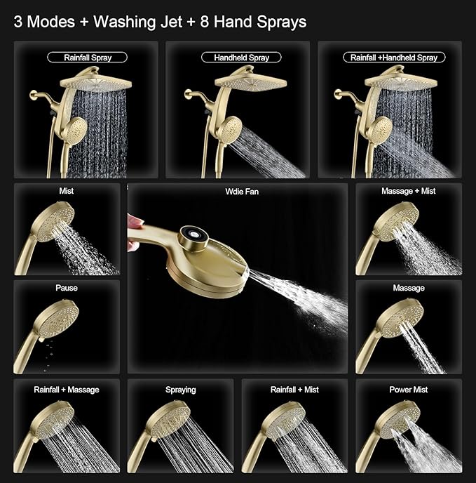 BOZYBO Rain Shower Head with Handheld: High Pressure Shower Heads with Handheld Spray Combo, 12" Rainfall Shower Head and 9 Sprays Hand Showerheads with Magnetic Docking and Power Jets, Desert Gold