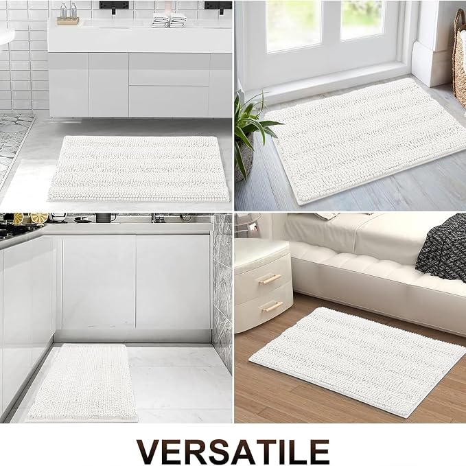 Grandaily Chenille Striped Bathroom Rugs 24x16, Extra Thick and Absorbent Bath Mats, Non-Slip Soft Plush Shaggy Shower Carpet, Machine Wash Dry, Bath Rug for Bathroom, (Small, Ivory)