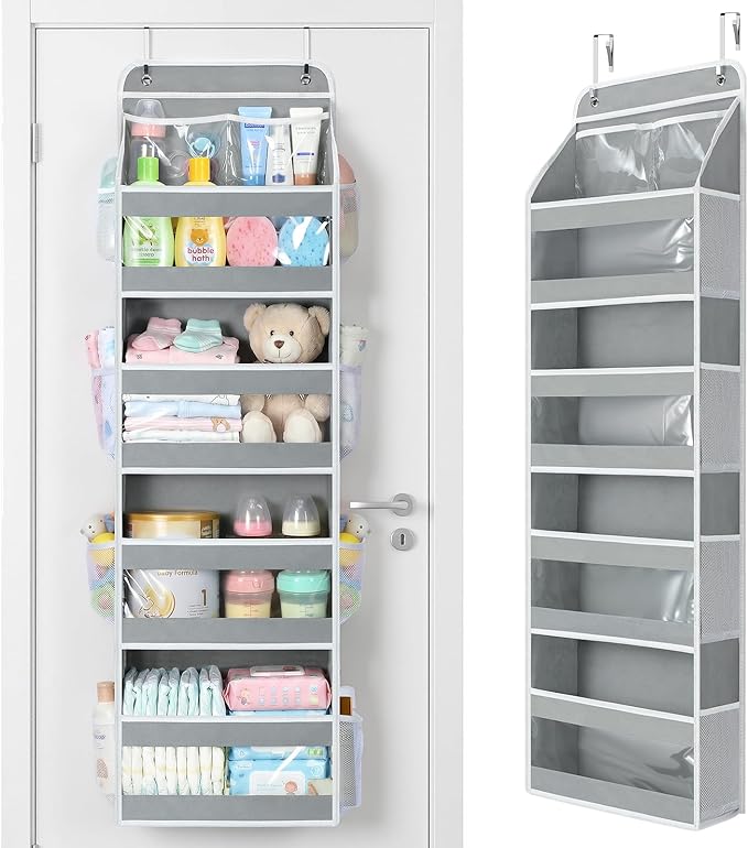 Yecaye 5 Tier 1Pc Over the Door Organizer, Stuffed Animal Storage with Clear PVC Windows, Door Organizer Hanging for Bedroom Nursery Closet Dorm Room Laundry Pantry Bathroom, Grey