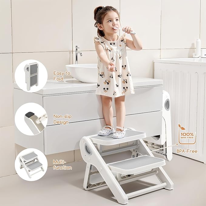 MoreFeel Foldable Toddler Step Stool for Bathroom Sink - 2-Step Kids Stool for Potty Training, Kitchen Counter & Bedroom, Sturdy Non-Slip Child Safety Stool Helper