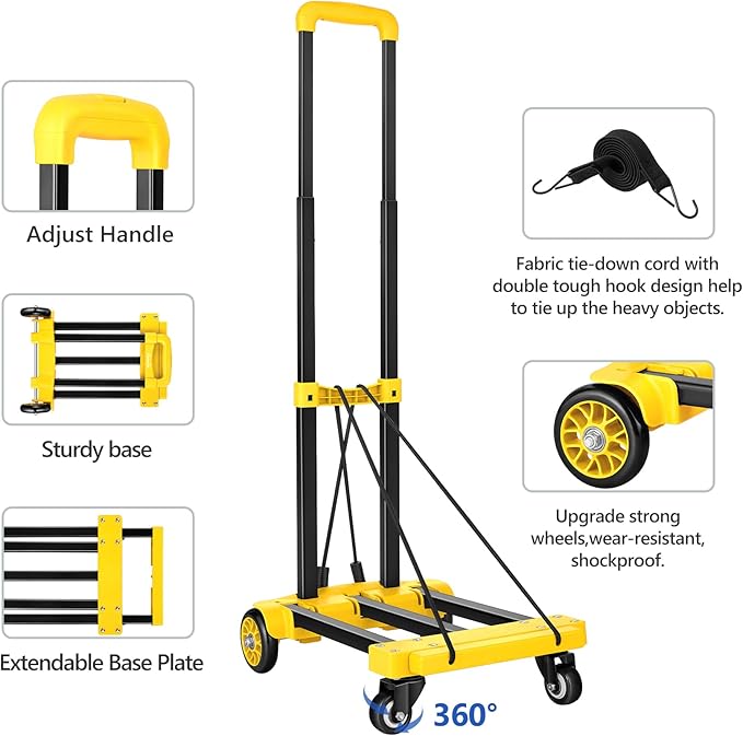 KEDSUM Folding Hand Truck, 290 lbs Dolly Cart with Wheels, Collapsible Hand Truck Dolly, Foladable Utility Cart Lightweight and Portable Luggage Cart for Airport Travel, Moving and Office Use, Yellow