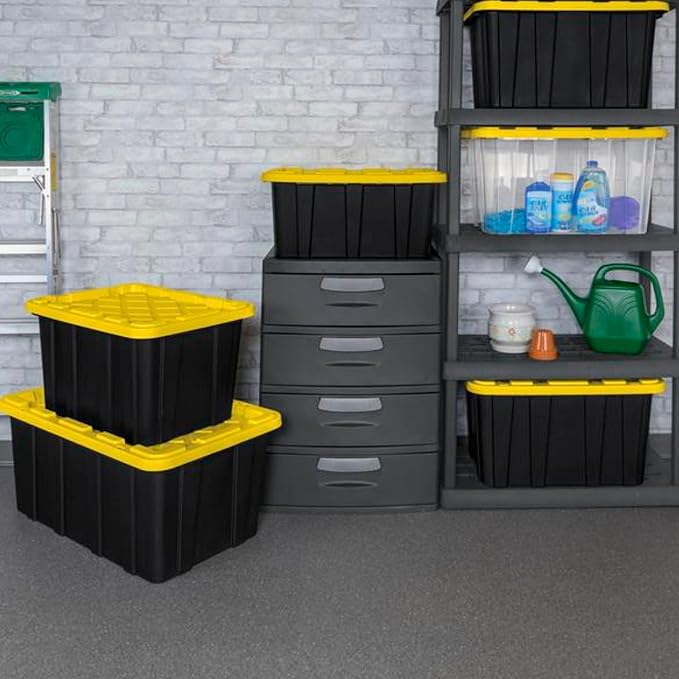 Sterilite 8-Pack 27 Gallon Industrial Storage Tote, Heavy-Duty Plastic Bins, Black/Yellow - Stackable Utility Organizers with Lids for Garage, Camping Tools, and Outdoor Gear