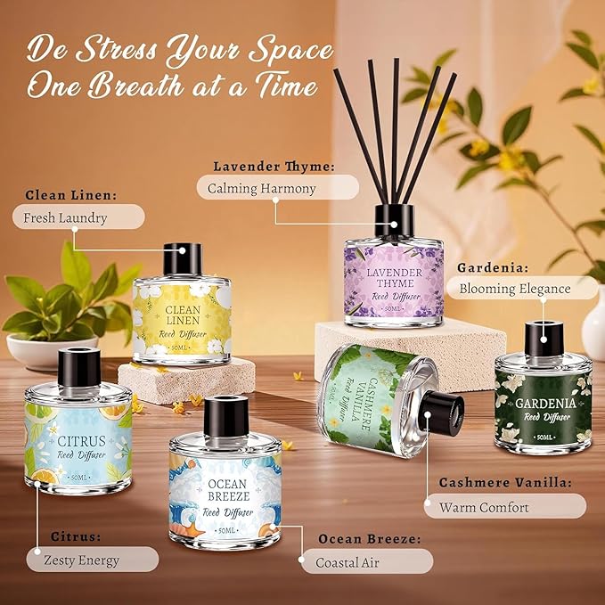 6 Pack Reed Diffuser Sets, Essential Oil Reed Diffusers for Home with 30 Sticks, Long Lasting Scent, Gift Ready Fragrance Diffuser for Bedroom, Bathroom, Office, Home Decor (1.69oz Each)