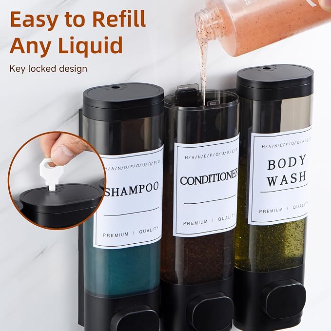 Shampoo and Conditioner Dispenser,Shower Soap Dispenser 3 Chamber No Drill Wall-Mounted Shampoo Dispenser for Shower Wall Mounted Shower Dispenser for Bathroom Hotel Large Capacity,Matte Black